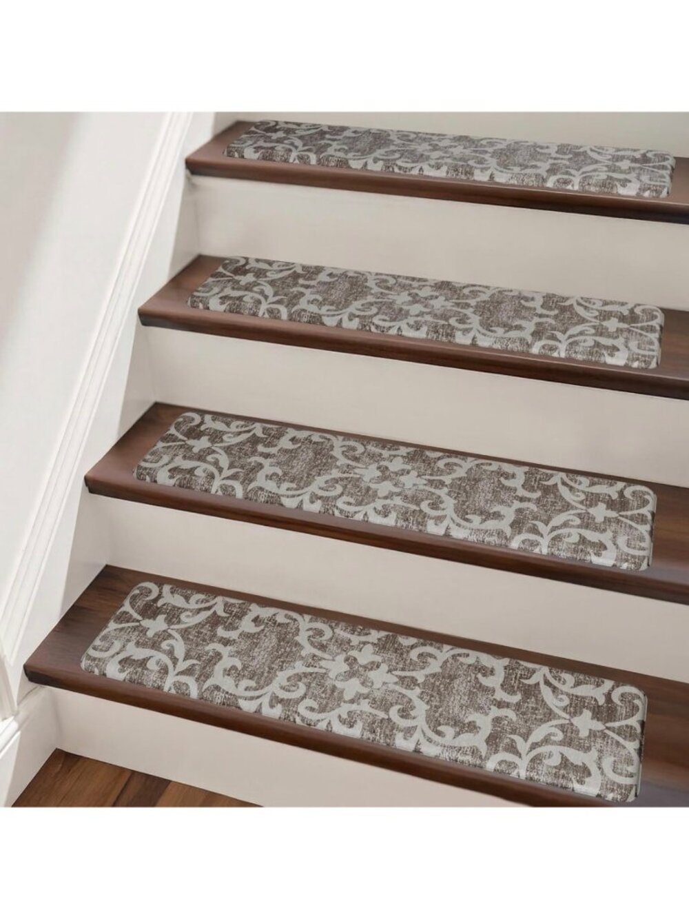Pure Era Stair Treads 8x30 Non-Slip Washable Cushioned Grey/Beige Scroll Set - 6